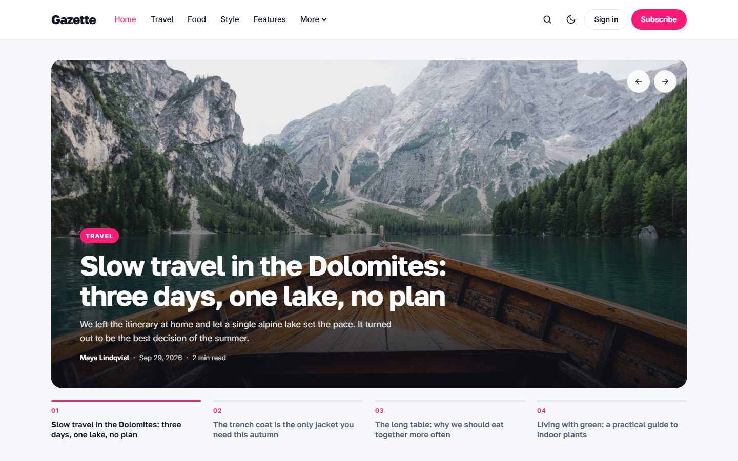 Gazette homepage with the featured slider